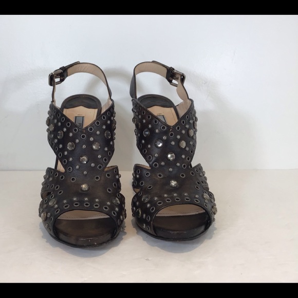 PRADA CALZATURE DONNA LEATHER HEELS STUDDED GROMMETS W/BOX BRW/BLK EUR 38 US 8 - Picture 4 of 16